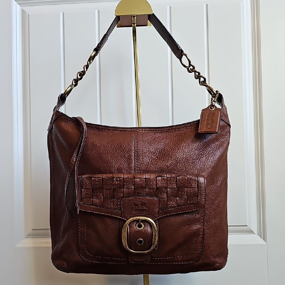 Coach 08 Bleecker Brown Soft Milled Cowhide Woven Pocket Hobo 12378 Tattersall - Picture 9 of 15